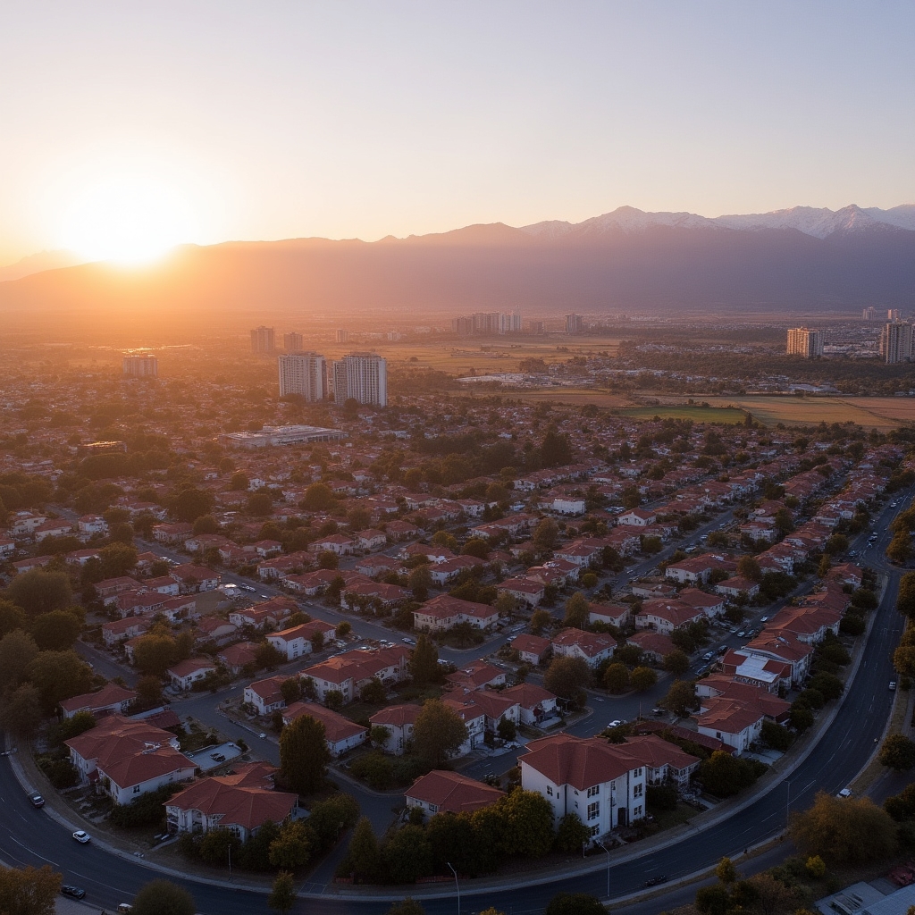 Aerial view of a Chilean central zone city with residential development and surrounding landscape