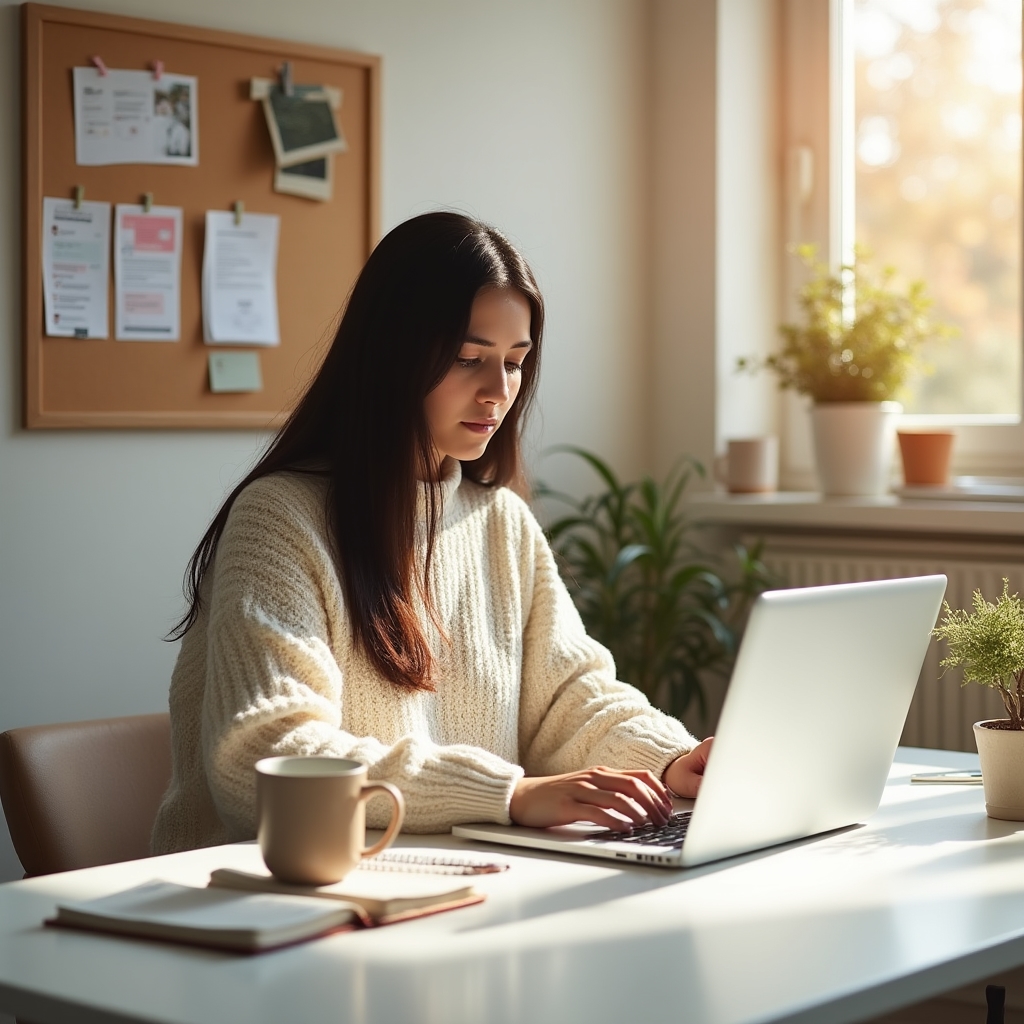 Content strategist working on real estate project communication plan at a modern desk